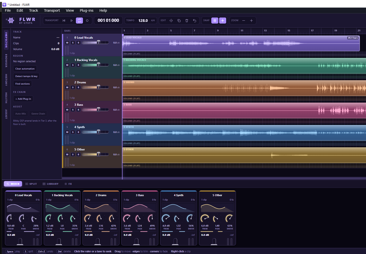 The FLWR arrangement with six audio stems loaded, showing real waveforms, coloured track lanes and the machined console below